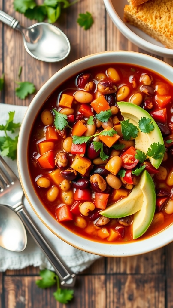 A colorful bowl of vegan chili with beans, bell peppers, and tomatoes, topped with cilantro and avocado on a rustic table.